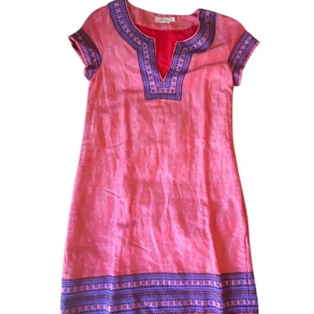 Vineyard Vines Linen Dress Embroidered Trim Coral Pink Casual Short Sleeve sz 4